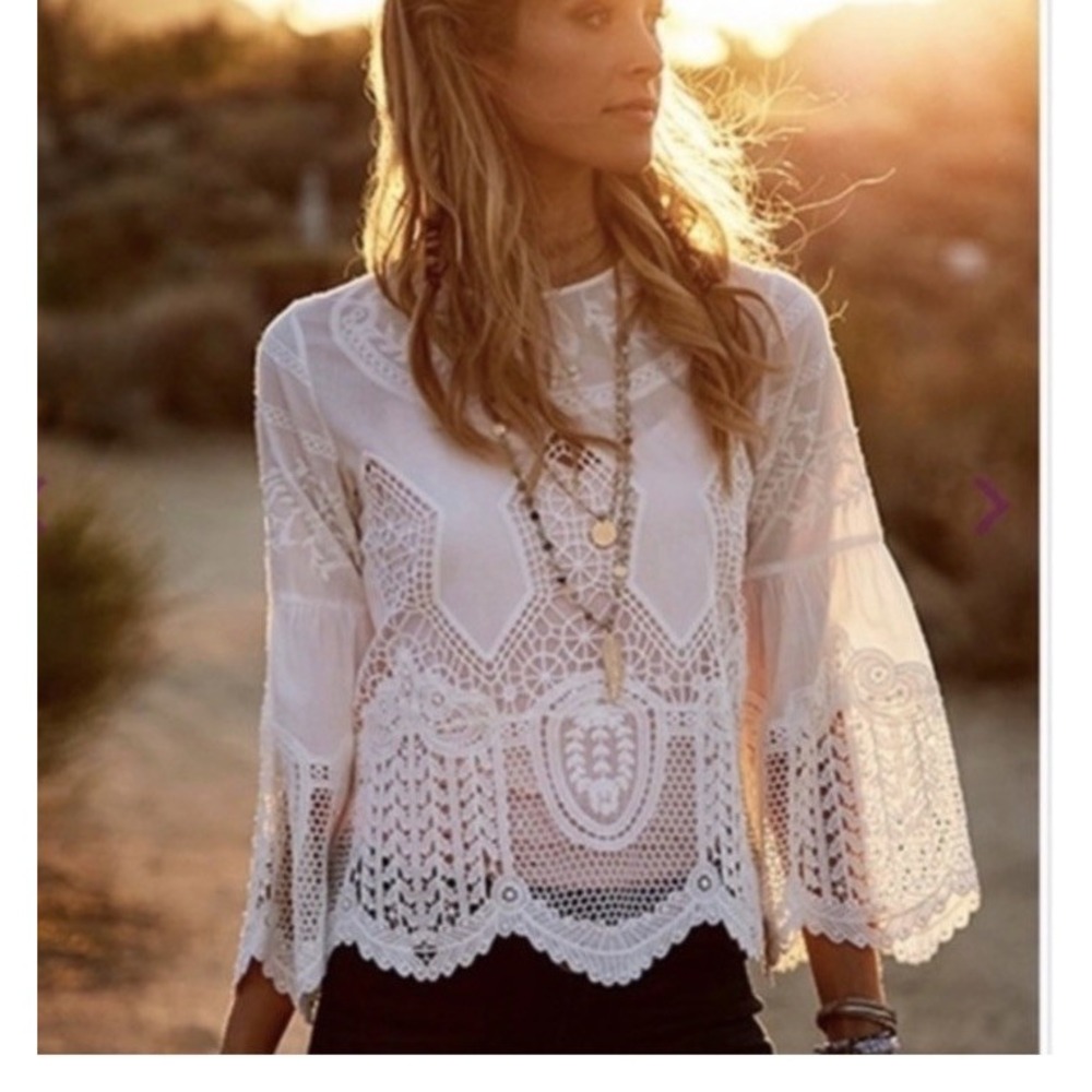 Altar'd State White Lace Crochet Blouse Boho Bell Sleeve Back Zip Top Women's XS